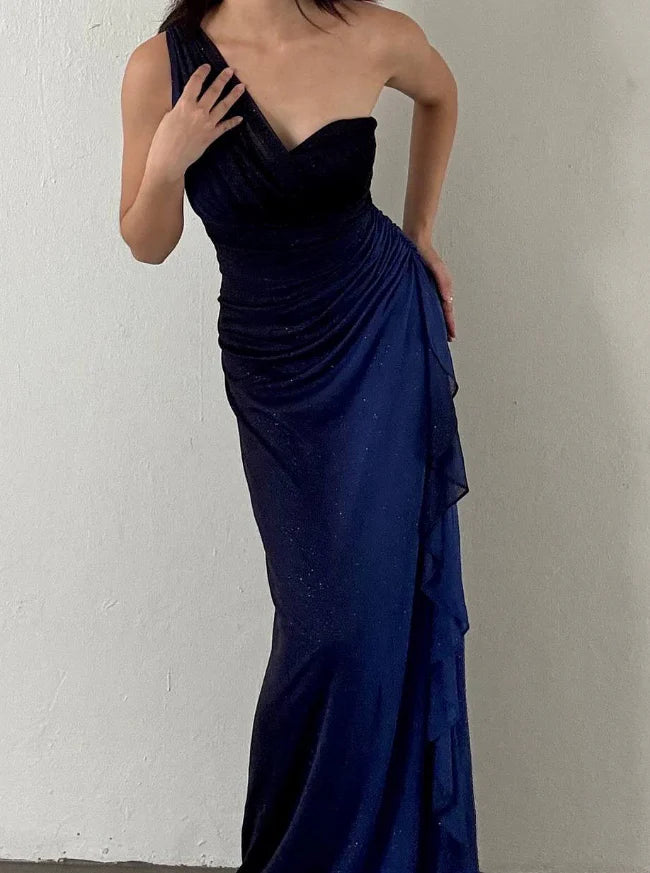 Elegant Sheath One Shoulder Navy Blue Ombre Chiffon Long Prom Dress
