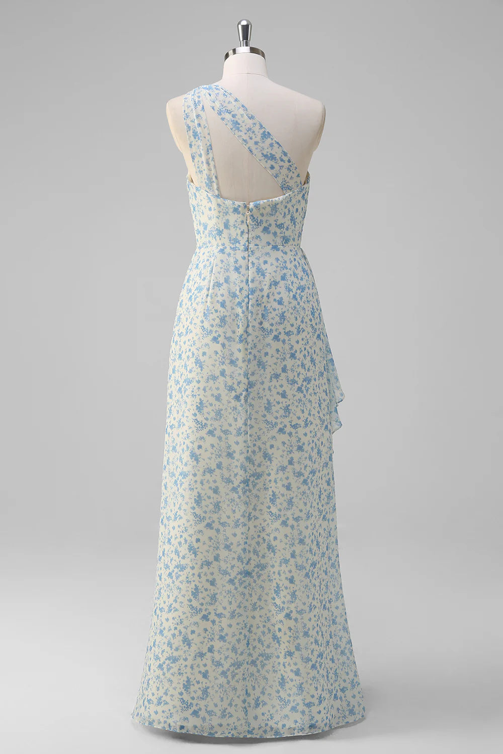 White Blue One Shoulder Flower Ruffled Long Prom Dress With Slit