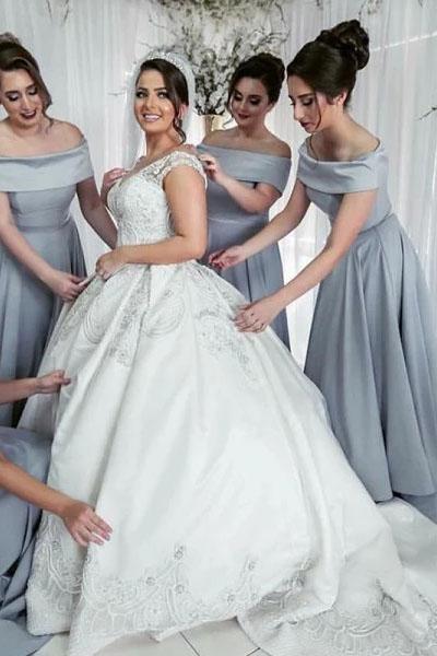 A-Line Off Shoulder Long Cheap Satin Bridesmaid Dresses Online, Simple Bridesmaid Dresses