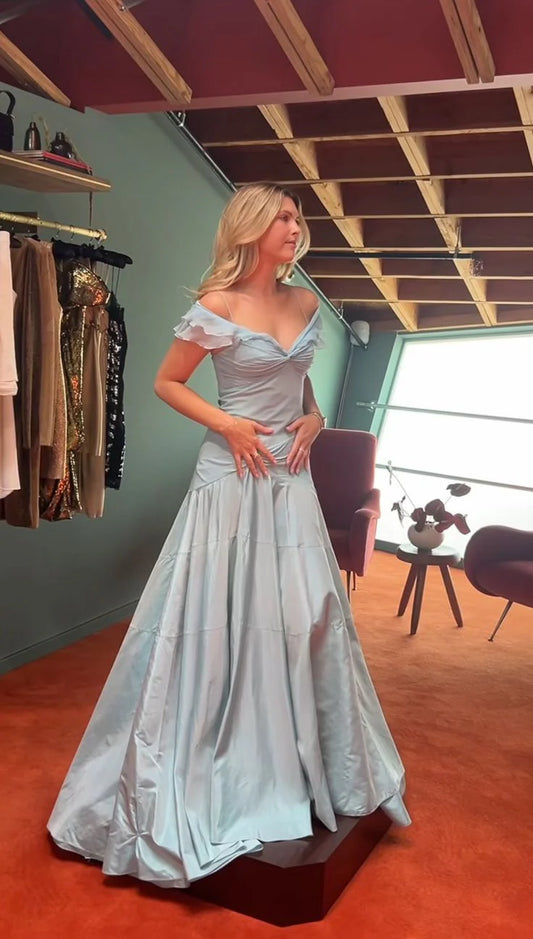 Retro Style A Line Off the Shoulder Blue Satin Long Party Dress