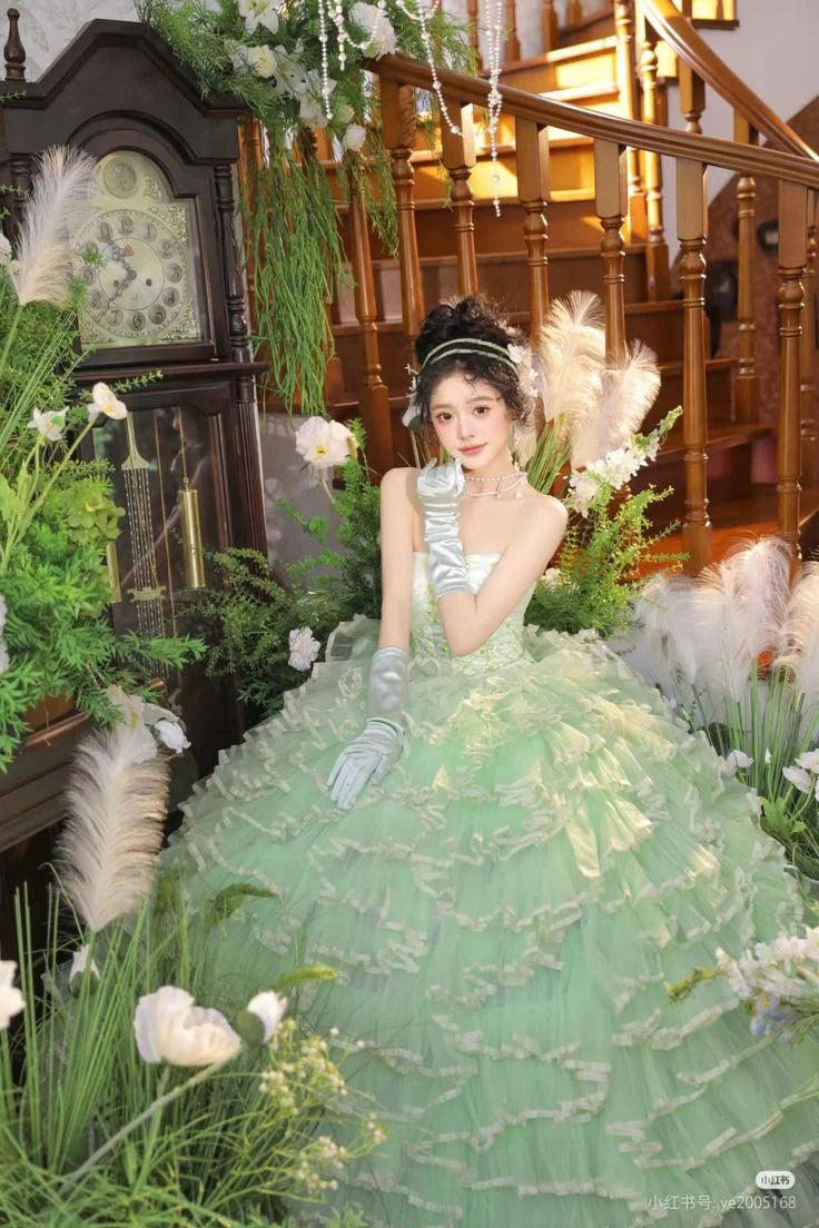 Sweetheart Neck Beaded Green Tiered Tulle Long Party Dress Princess A Line Evening Dress