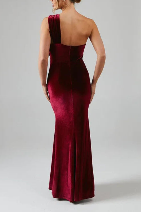 One Shoulder Full of charm Twist Detail Velvet Slim-fit Maxi Bridesmaid Dress
