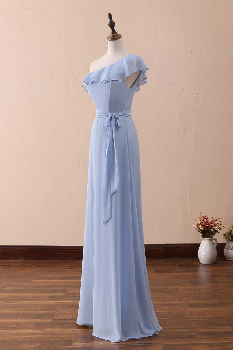 One-Shoulder Ruffled Chiffon Long Bridesmaid Dress Periwinkle A-Line Prom Dress