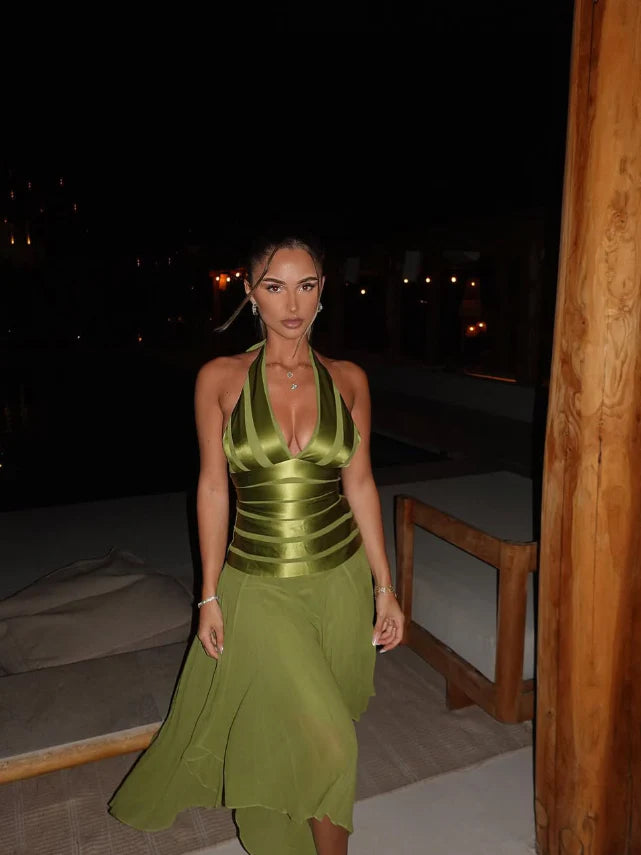 Elegant A Line Halter Green Satin Chiffon Open Back Prom Dress