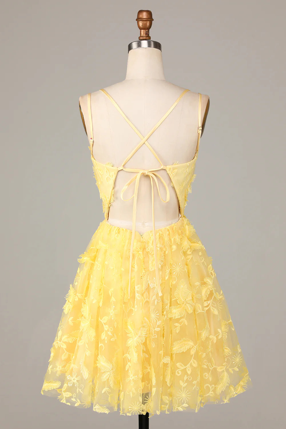 Yellow V Neck Tulle Backless Short Retract Your Waist Homecoming Dress With Appliques