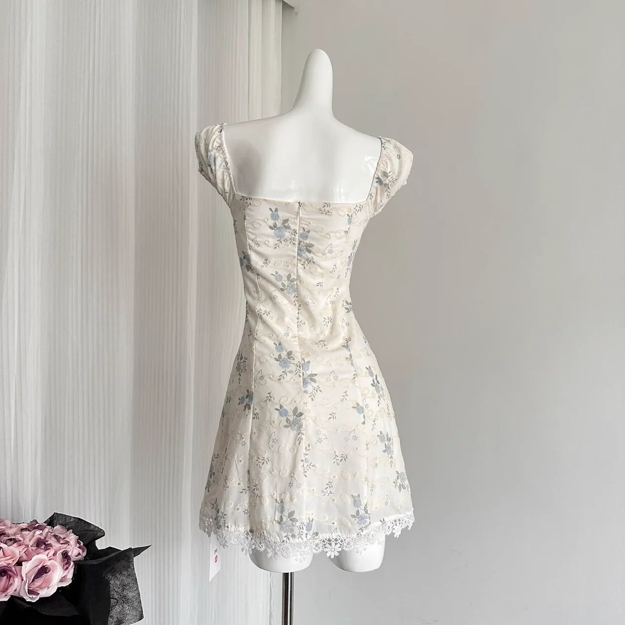 Cute A line Cap Sleeves Blue Floral Dress Sweetheart Short Homecoming Dresses