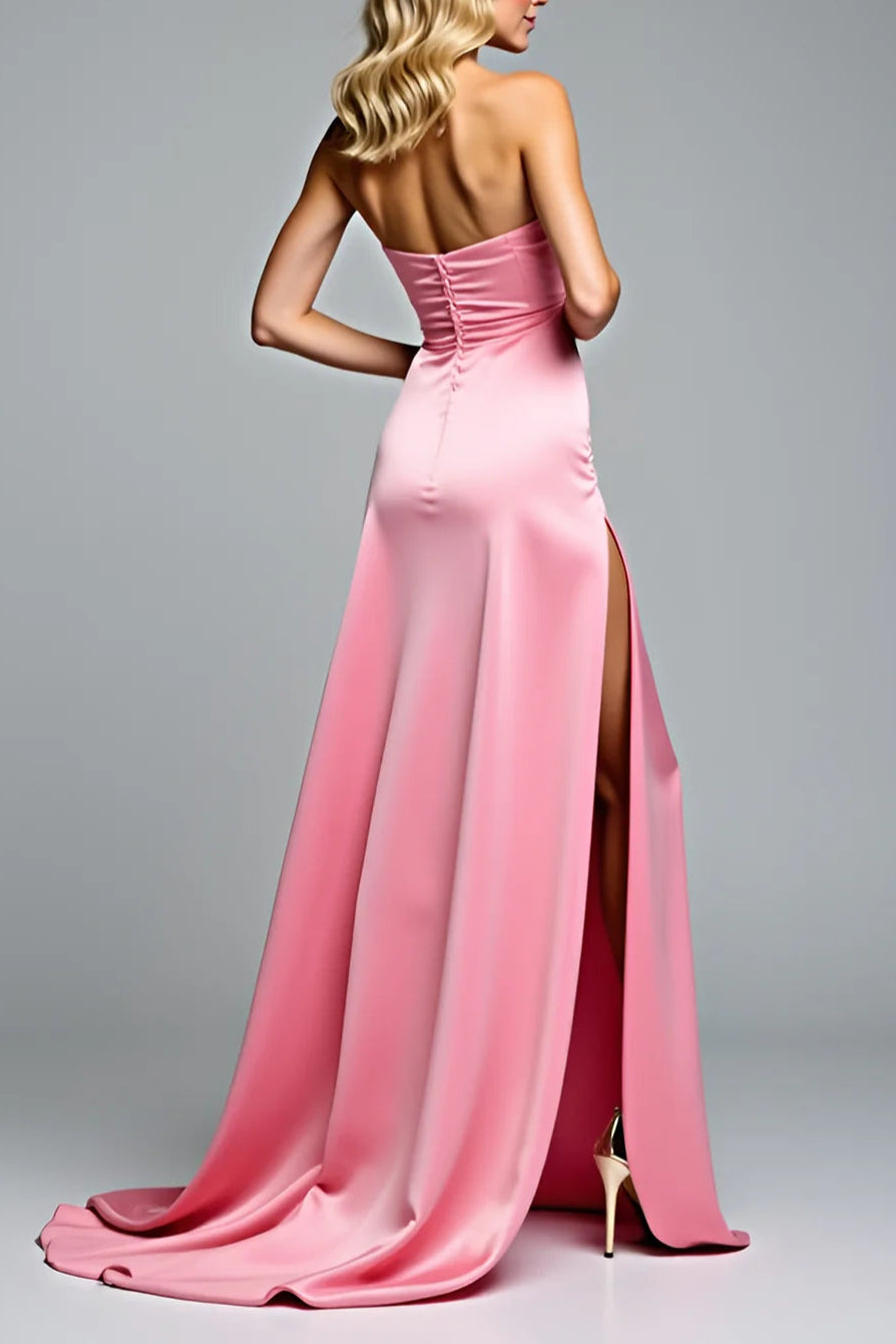 Square Neck Hot Pink Bowknot Long Slim-fit Prom Dress With Slit