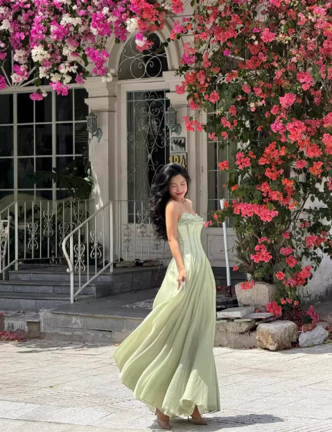 Gentle Exquisite tailoring A Line Spaghetti Strap Green Chiffon Long Prom Dress