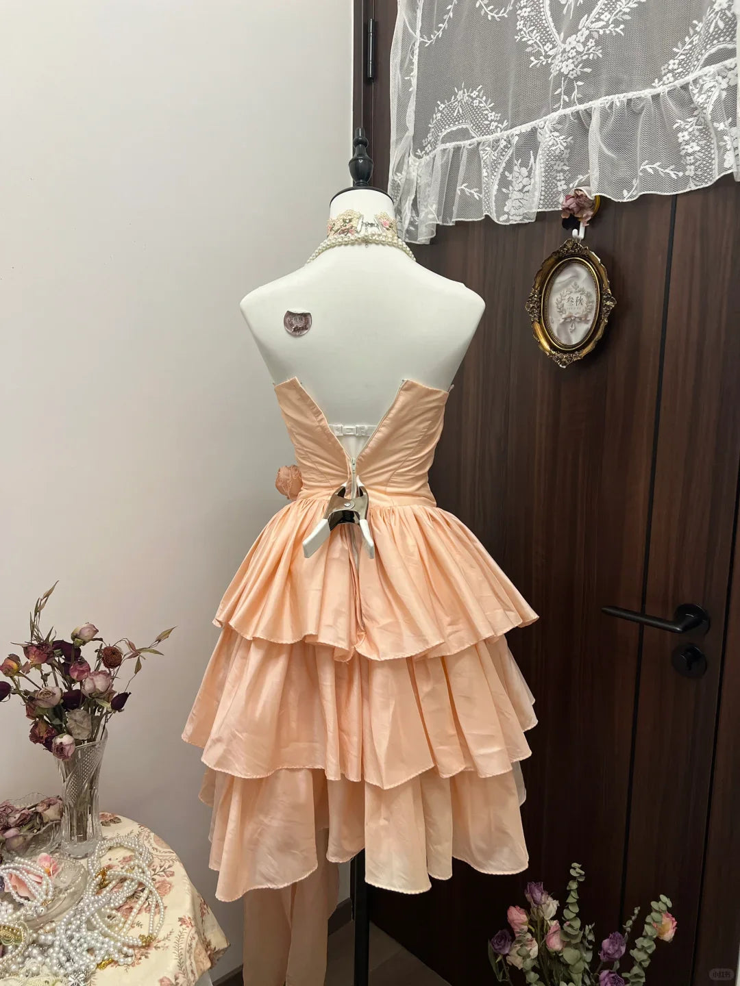 Cute Vintage A Line Strapless Layered Flower Coral Sands Satin Short Homecoming Dress