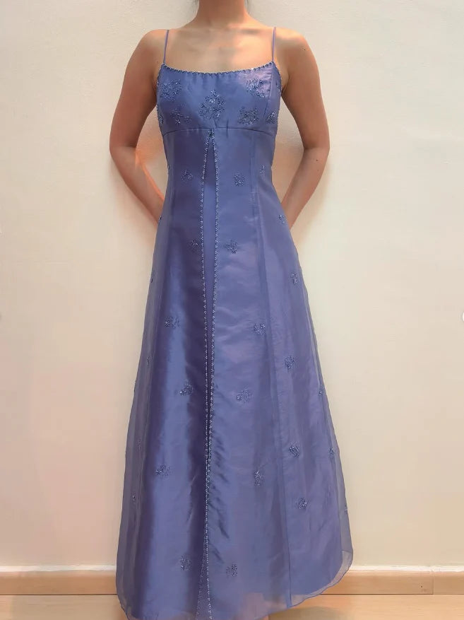 Stunning A Line Beaded Purple Tulle Satin Prom Dress Spaghetti Strap Evening Dress