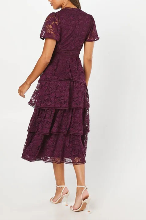 Tiered Lace Mother Of The Bride Outfits Dress With Flutter Sleeve & Trims