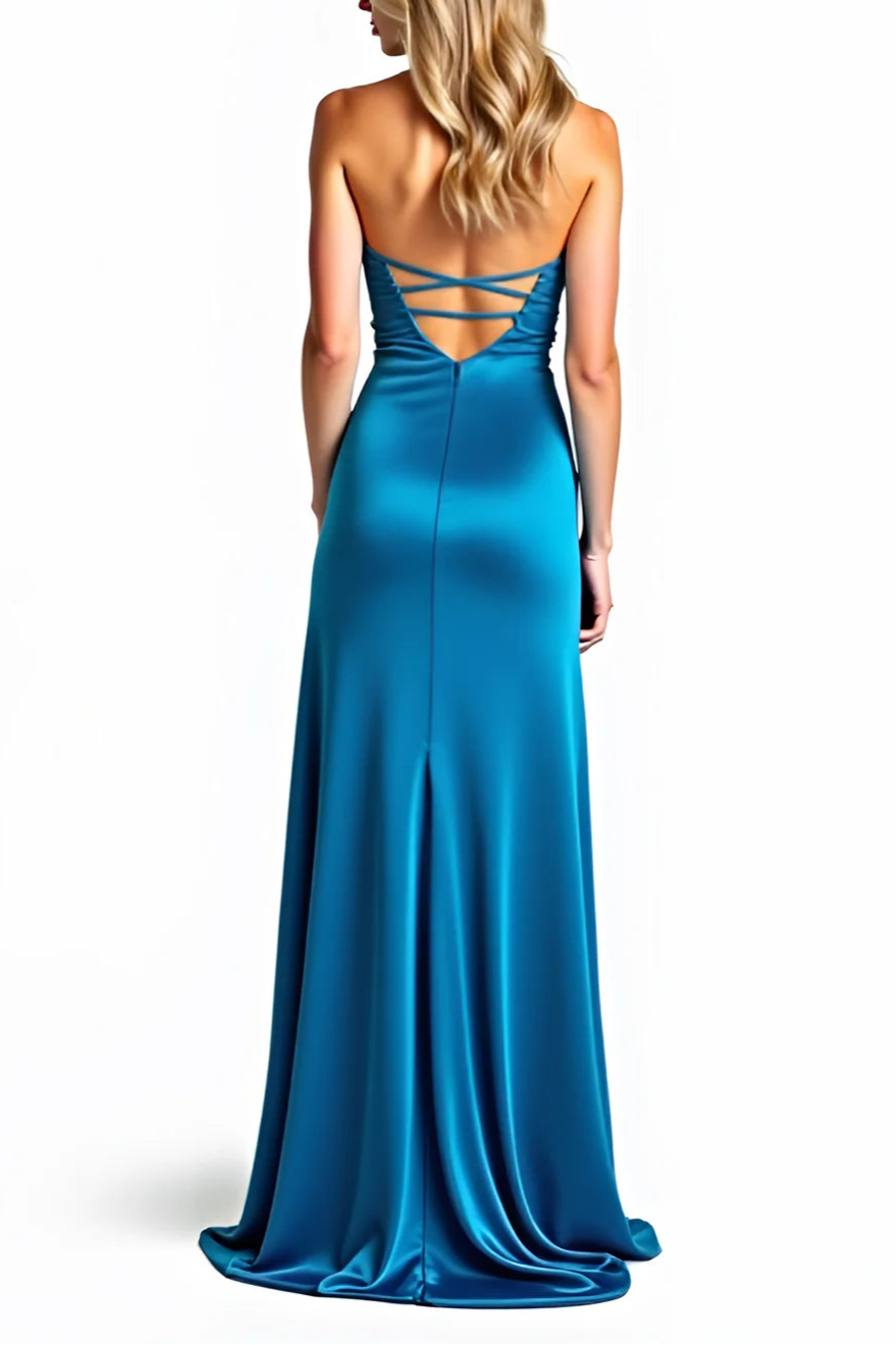 Blue Strapless Beading Long Noble and elegant Prom Dress With Slit