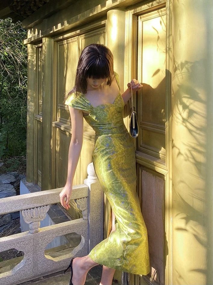 Elegant Sheath Straps Print Flower Green Satin Party Dress Evening Dress