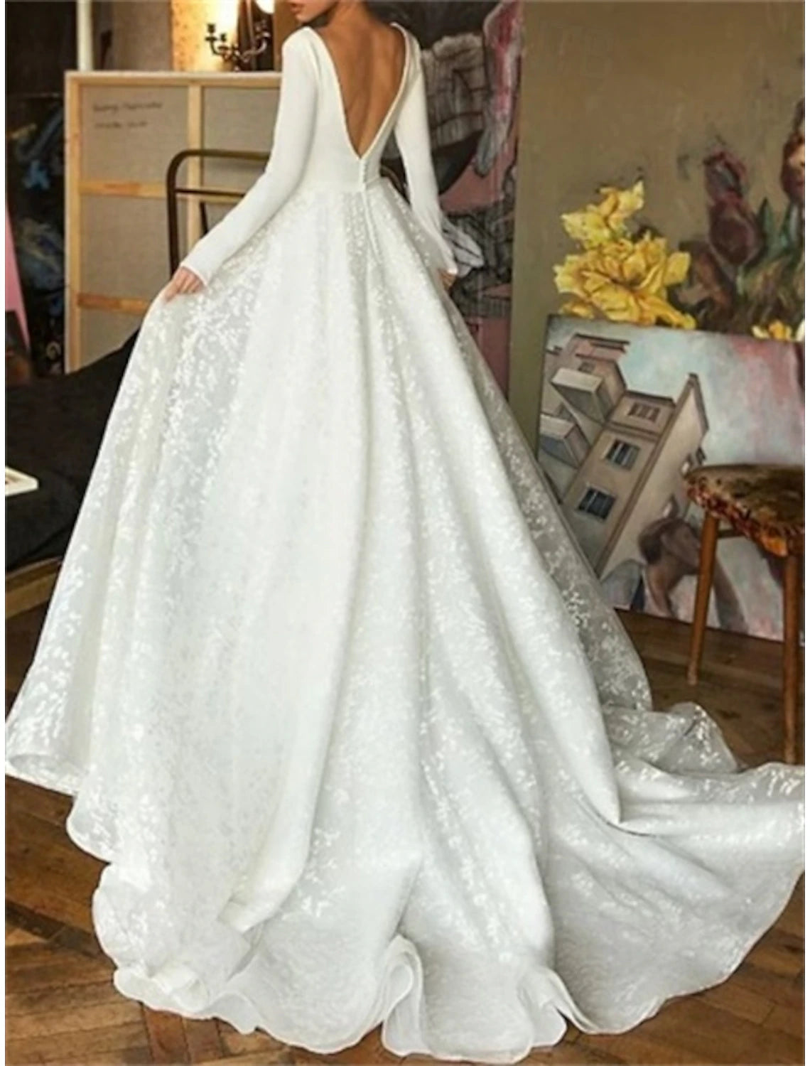 Chapel Train Lace Bridal Suits Open Back Boho Wedding Dresses Beach Wedding Ball Gown Illusion Neck Long Sleeve Bridal Gowns With Draping Embroidery