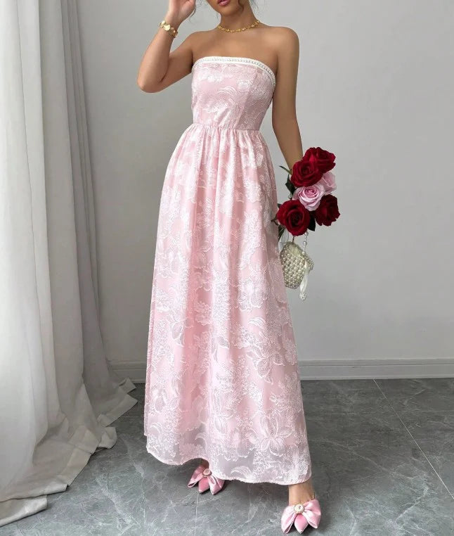Strapless Jacquard Bridesmaid Dress A-Line Backless Cute Pink Evening Dress