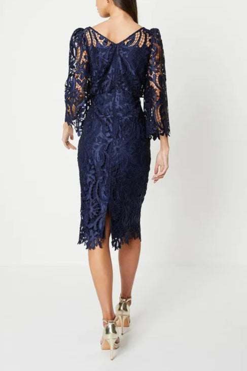 Satin Lace Boat Neck Midi Mother Of The Bride Outfits Dress With Fluted Sleeve