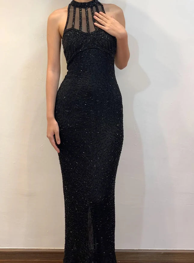 Black Beaded Chiffon Prom Dress Vintage Sheath Halter Evening Dress