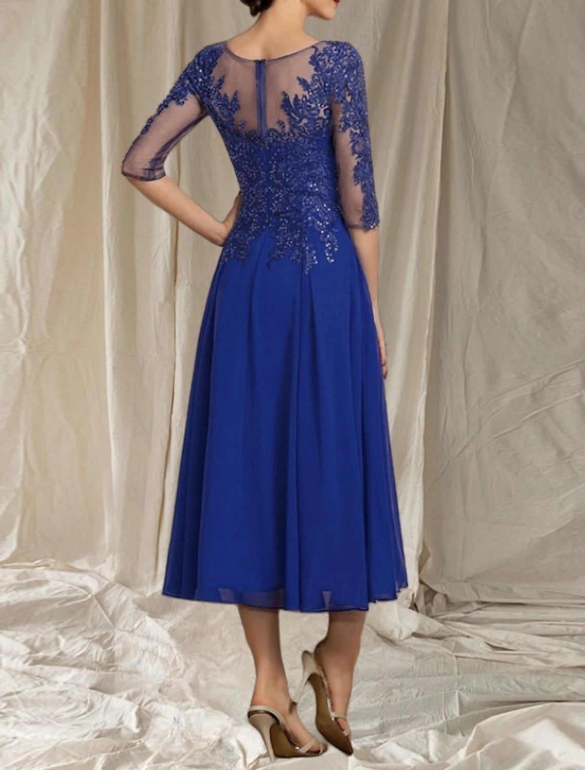 A-Line Mother of the Bride Dress Wedding Guest Elegant Crew Neck Tea Length Chiffon Tulle Half Sleeve with Beading Appliques Midi Dress