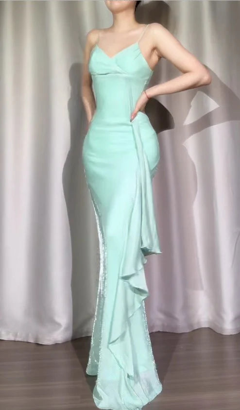 Vintage Mermaid Spaghetti Strap Chiffon Prom Dresses Elegant Tiffany Blue Evening Gowns