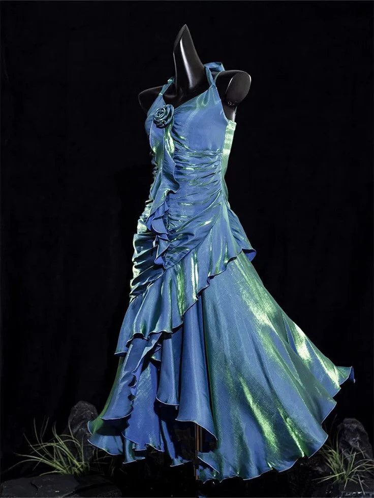 Vintage Mermaid Spaghetti Straps Ruffle Ice Blue Satin Long Length Prom Dress