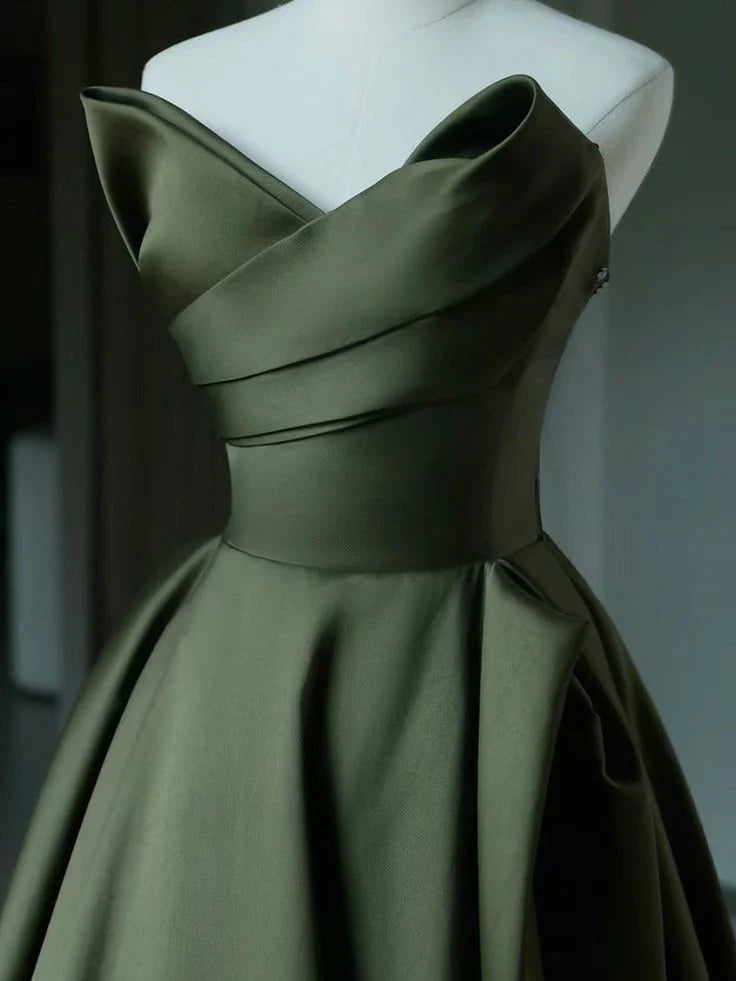 A-Line V Neck Satin Green Long Prom Dress