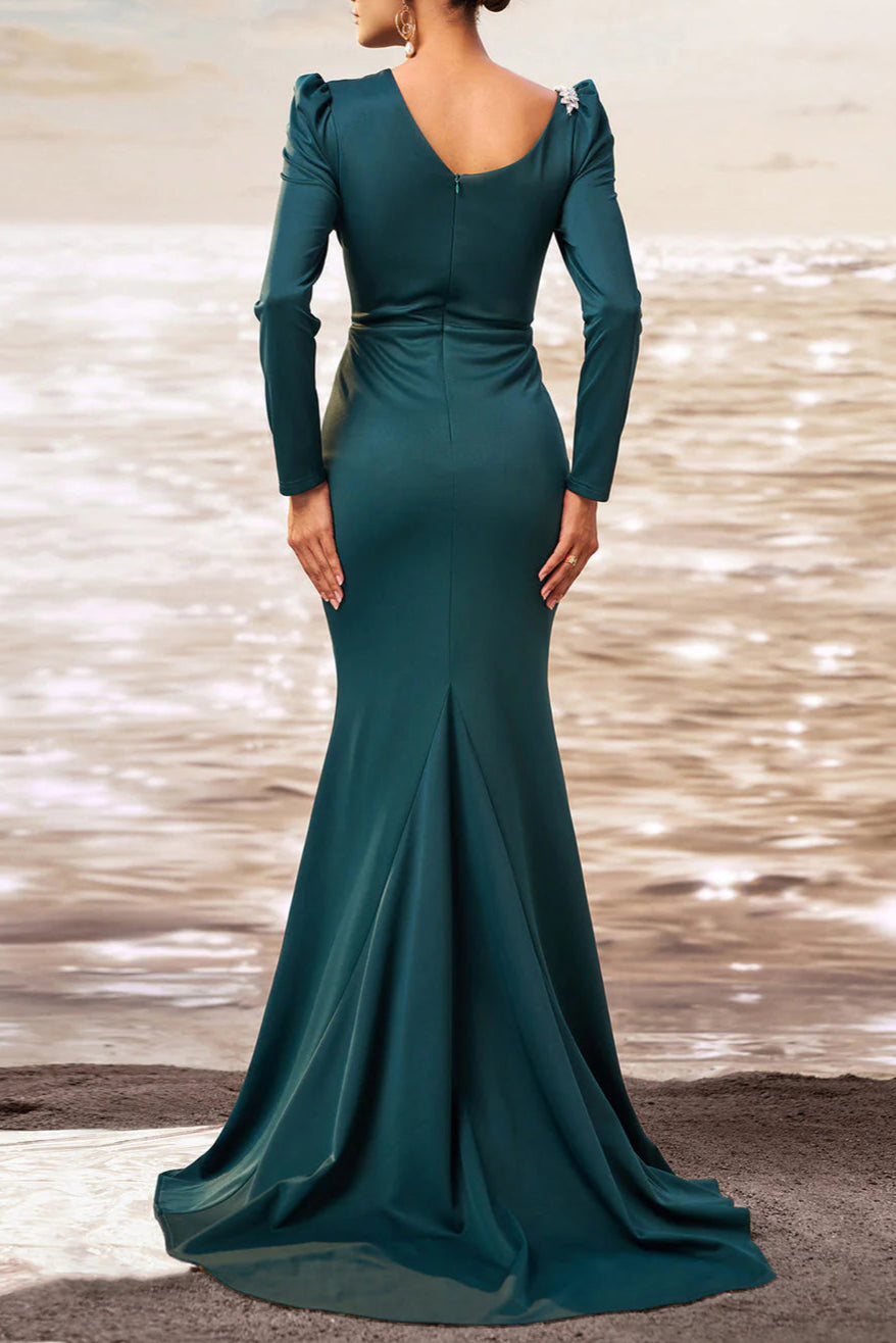 Unique design Dark Green Mermaid Long Sleeves Prom Dress With Slit
