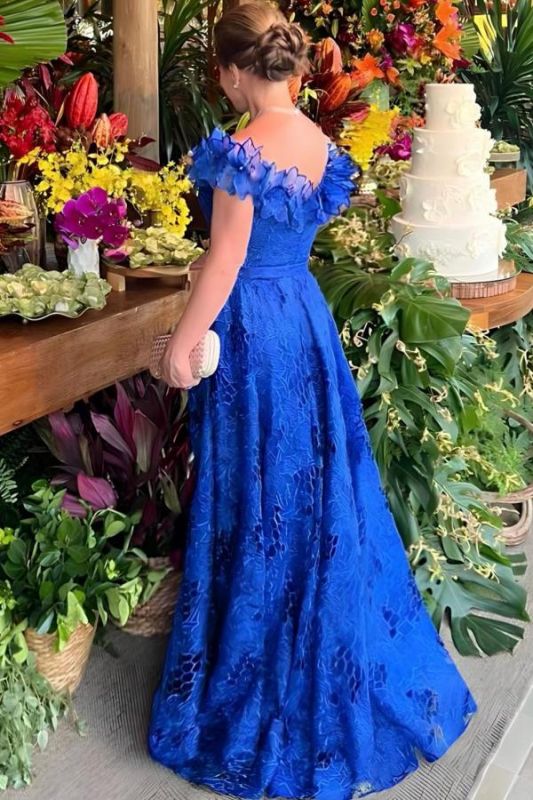 Off-the-Shoulder Royal Blue Evening Dress Floral Lace Long Wedding Guest Dress