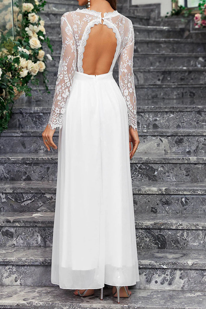A-Line Long Sleeves V Neck Retract Your Waist Long White Dress