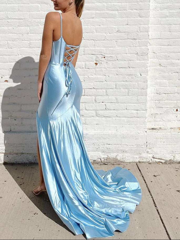 Full of charm Simple V Neck Mermaid Blue Long Formal Evening Dresses
