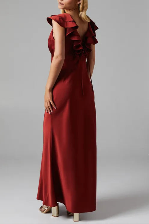 Petite Ruffle Neckline Satin Maxi Full of charm Bridesmaid Dress