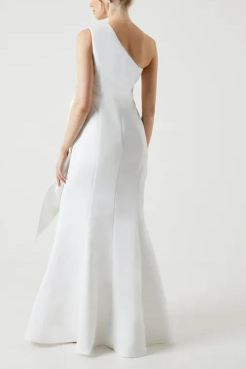 Structured Satin Statement Exquisite tailoring Bow One Shoulder Bridesmaids Dress