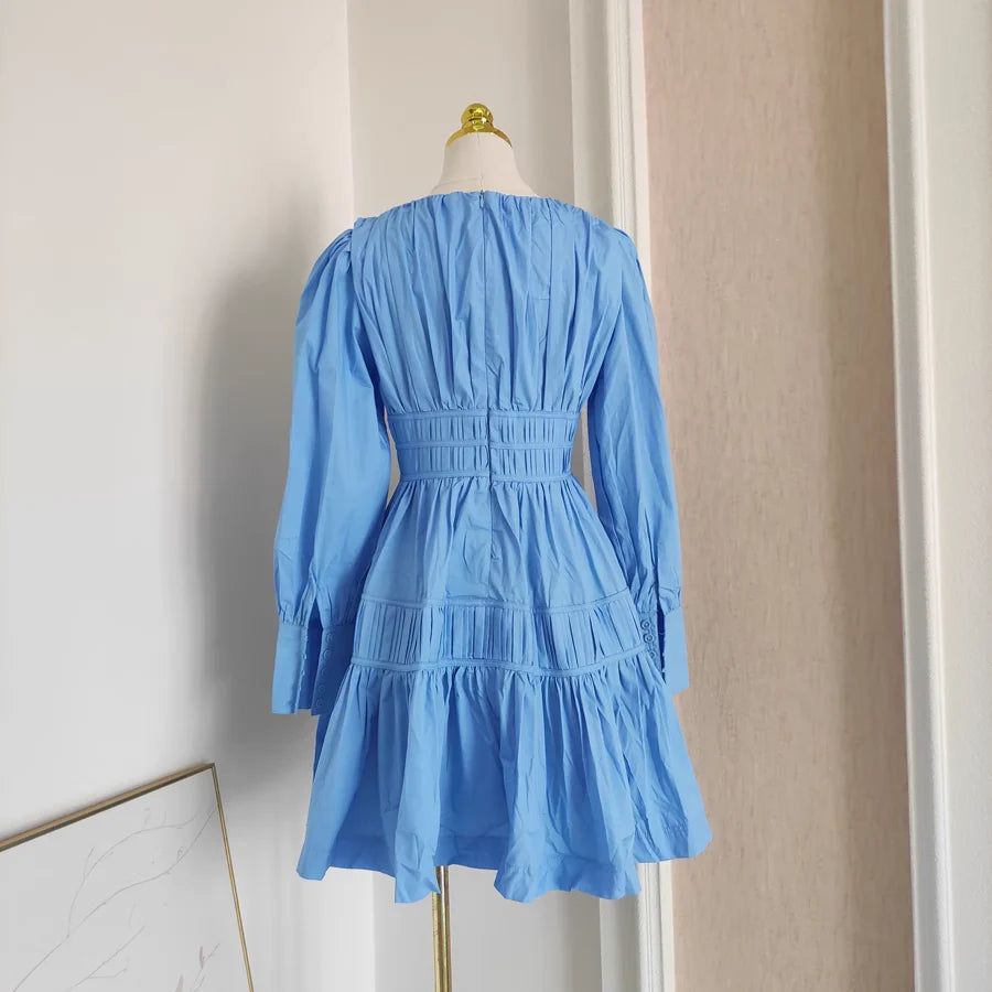 Cute A line V Neckline Spring Blue Casual Dress Long Sleeves Beach Homecoming Dresses