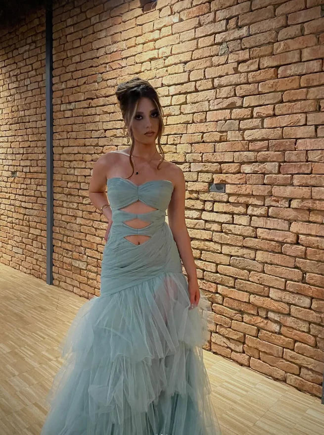Sweetheart Neck Blue Tulle Long Prom Dress Unique Mermaid Evening Dress