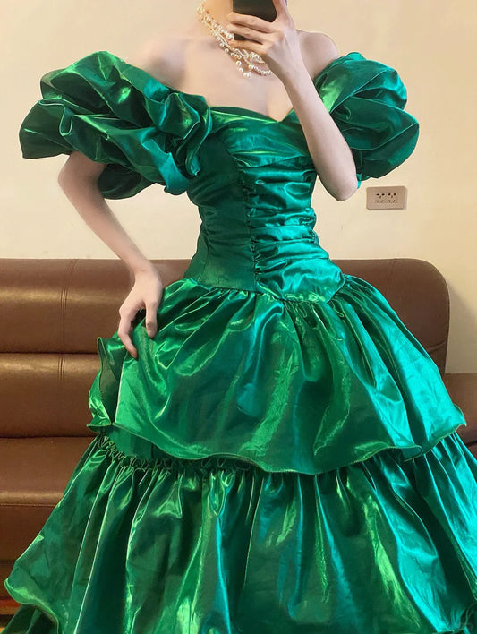 Stunning A Line Off the Shoulder Emerald Satin Long Sweep Party Dress