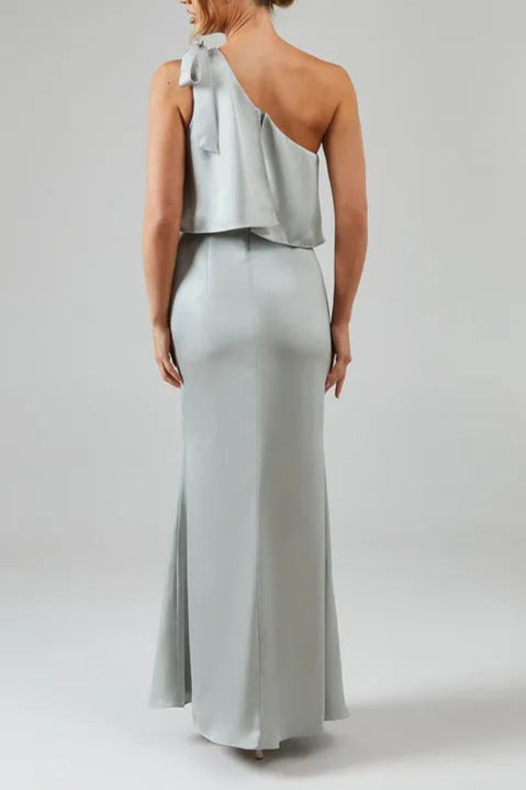 Tie One Shoulder Unique design Exquisite tailoring Satin Bridesmaid Maxi Dress