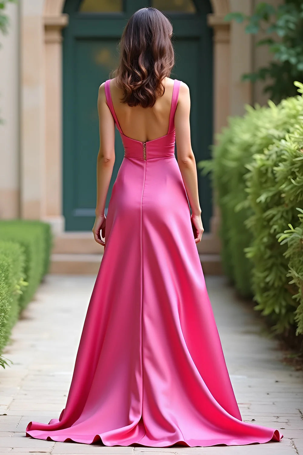 Noble and elegant A Line Fuchsia Square Neck Satin Long Prom Dress
