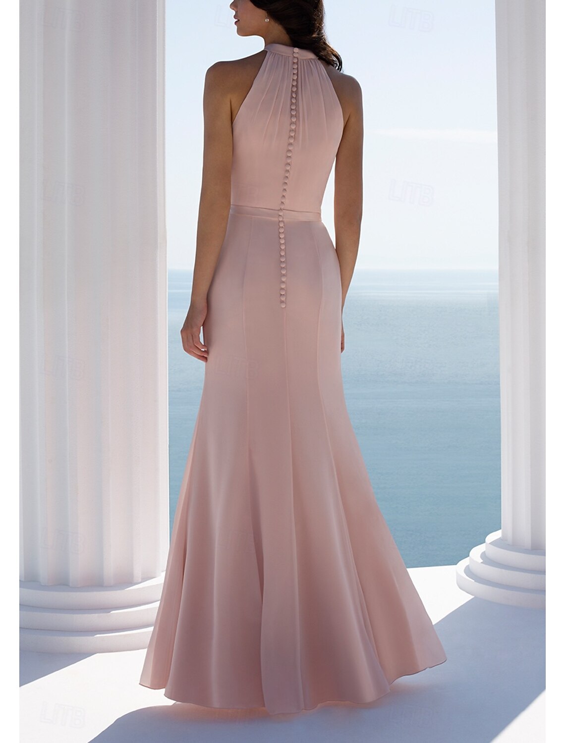 Light Pink Halter Neck Slim Fitting Bridesmaid Dress Elegant Long Length Banquet Cocktail Dress