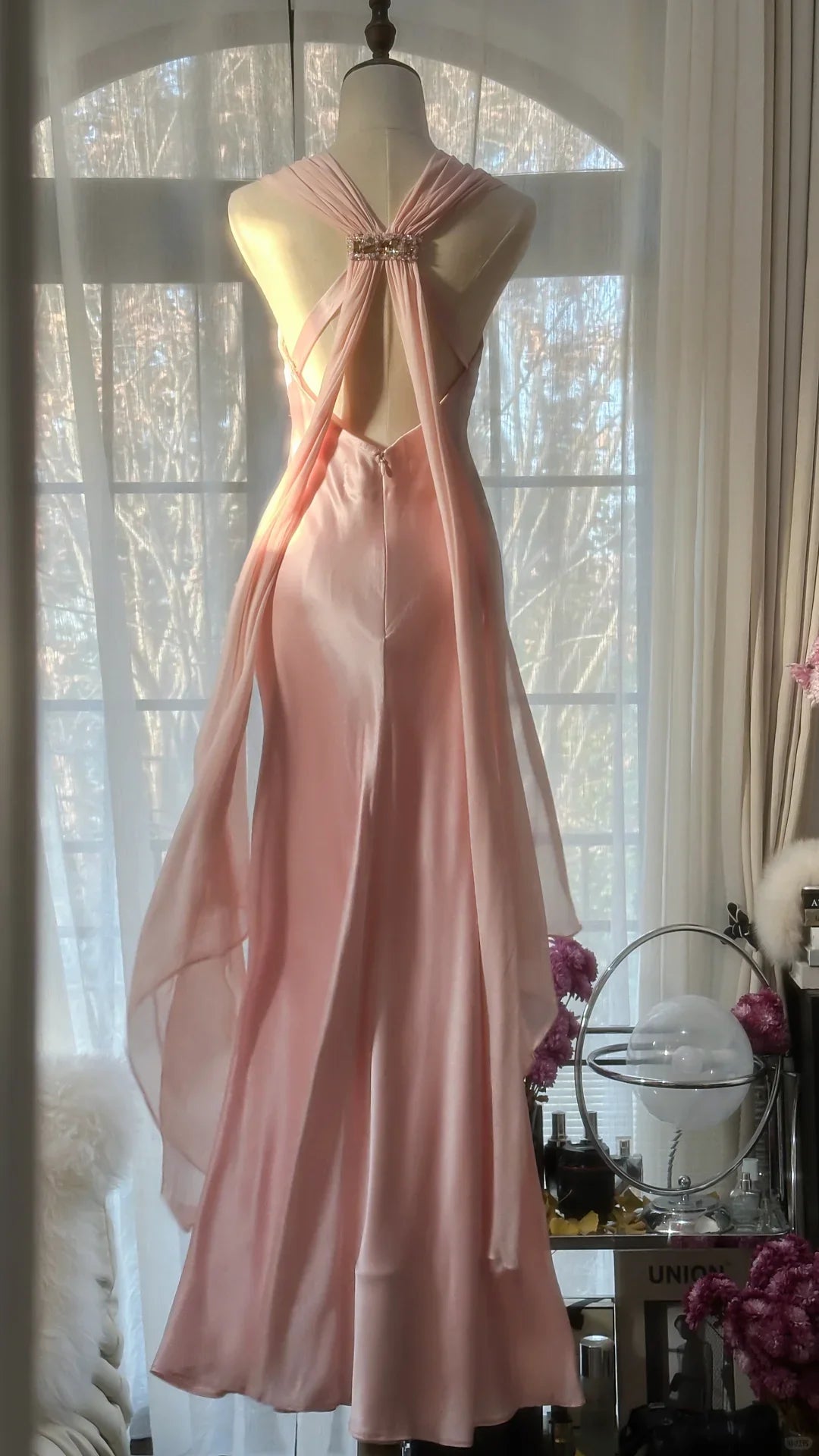 Classy A Line V Neck Beaded Pink Chiffon Satin Long Party Dress