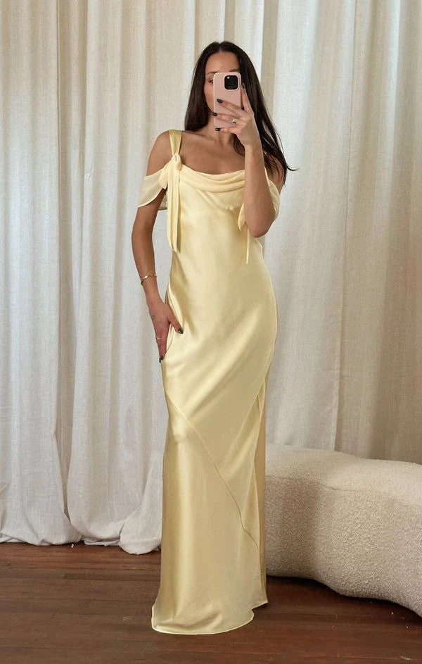 Elegant Off-the-shoulder Satin Sheath Party Dress Butter Yellow Formal Evening Dress