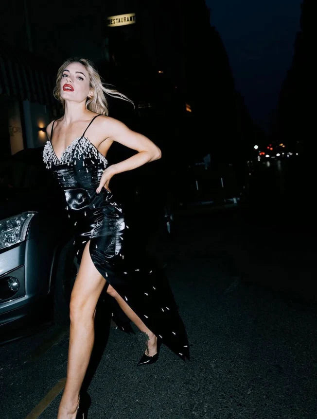 Sexy Sheath V Neck Pearl Black Satin Long Prom Dress Evening Dress with Slit