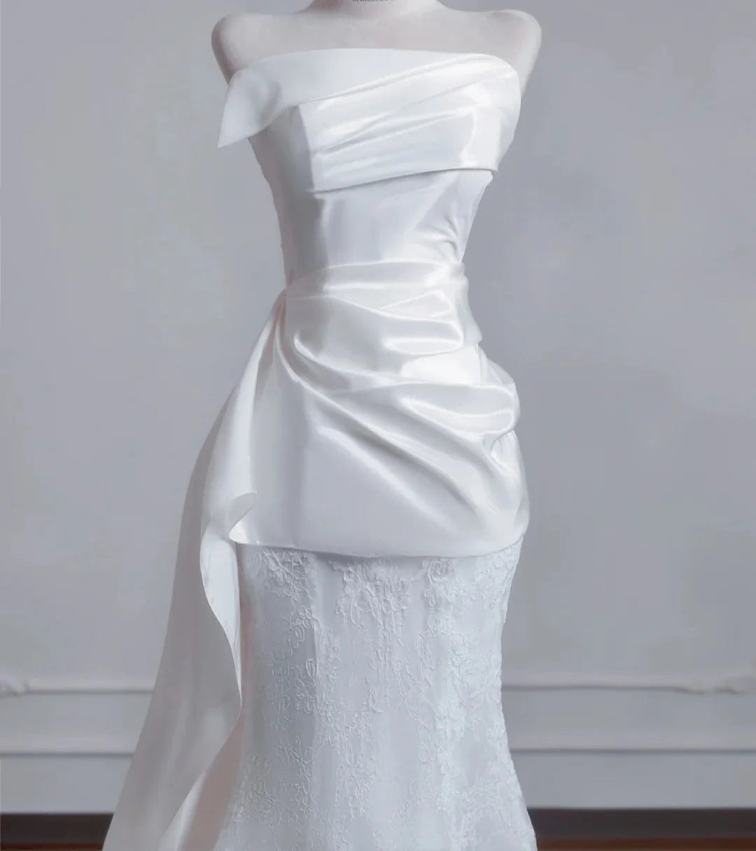 Satin Lace Mermaid Train Wedding Dress White Strapless Elegant Long Prom Dresses