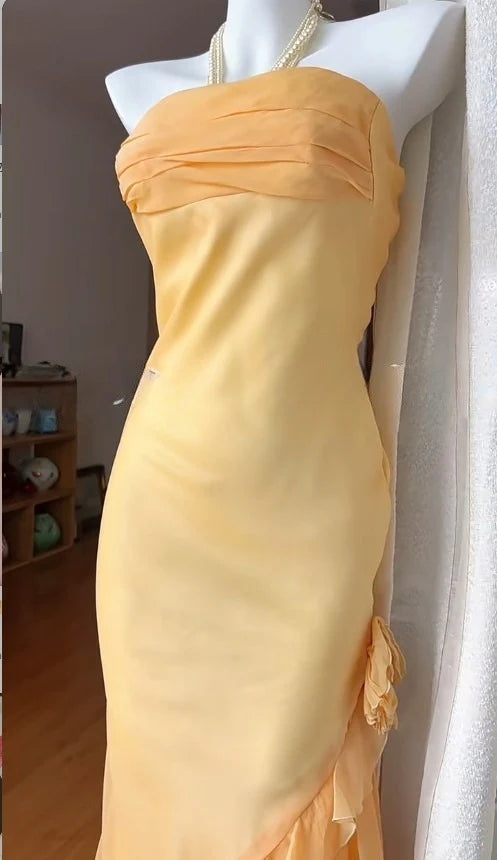 Strapless Ruffled Sheath Party Dresses Gradient Orange Fairytale Formal Evening Dress