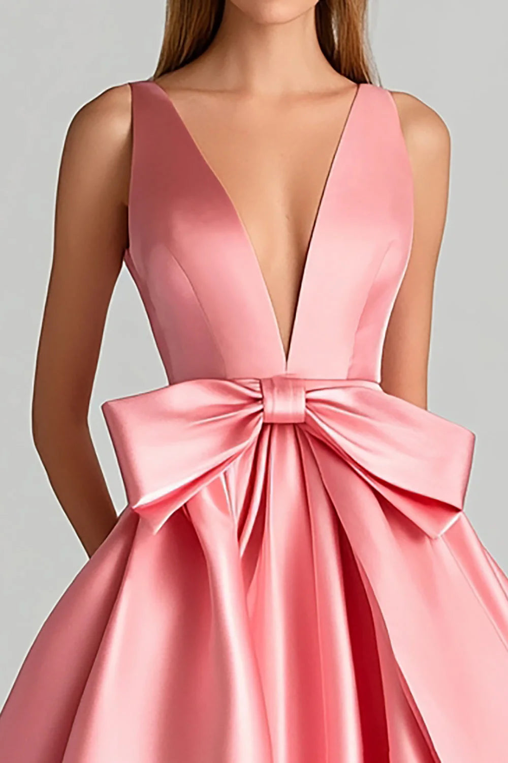 Pink Deep V-Neck Ball Gown Long Prom Dress With Bowknot