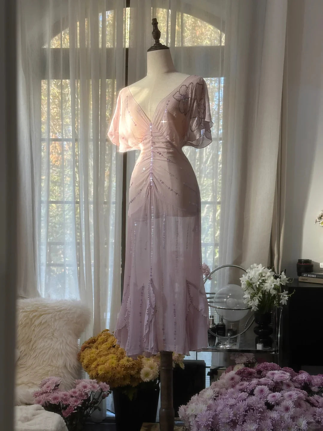 Gentle A Line V Neck Sequin Light Purple Chiffon Gentle and elegant Party Dress