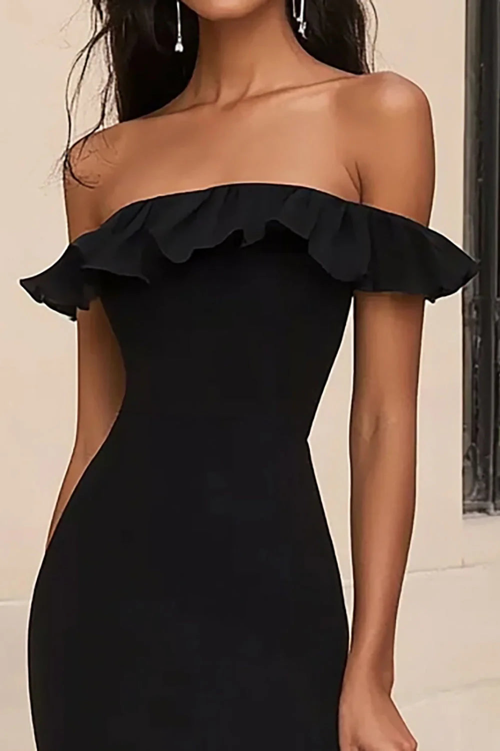 Black Ruffled Off The Shoulder Long Mermaid Formal Evening Dress With Slit