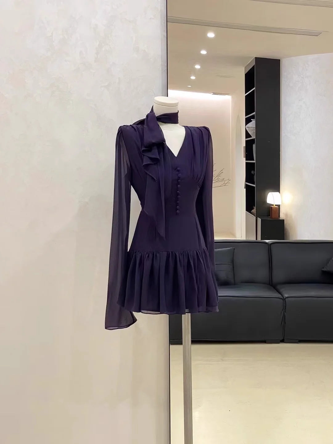 Cute A line V Neckline Ruffled Grape Short Long Sleeve Women Party Dresses