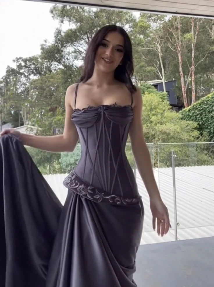 Purple Spaghetti Straps Sheath Satin Evening Dress Elegant Dark Gray Long Prom Dresses