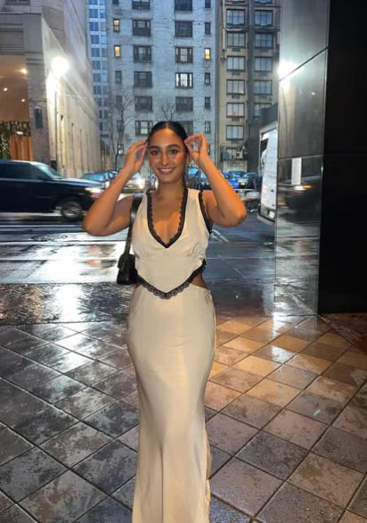 Simple Mermaid V Neck Two Piece Satin Long Evening Dress Outfits