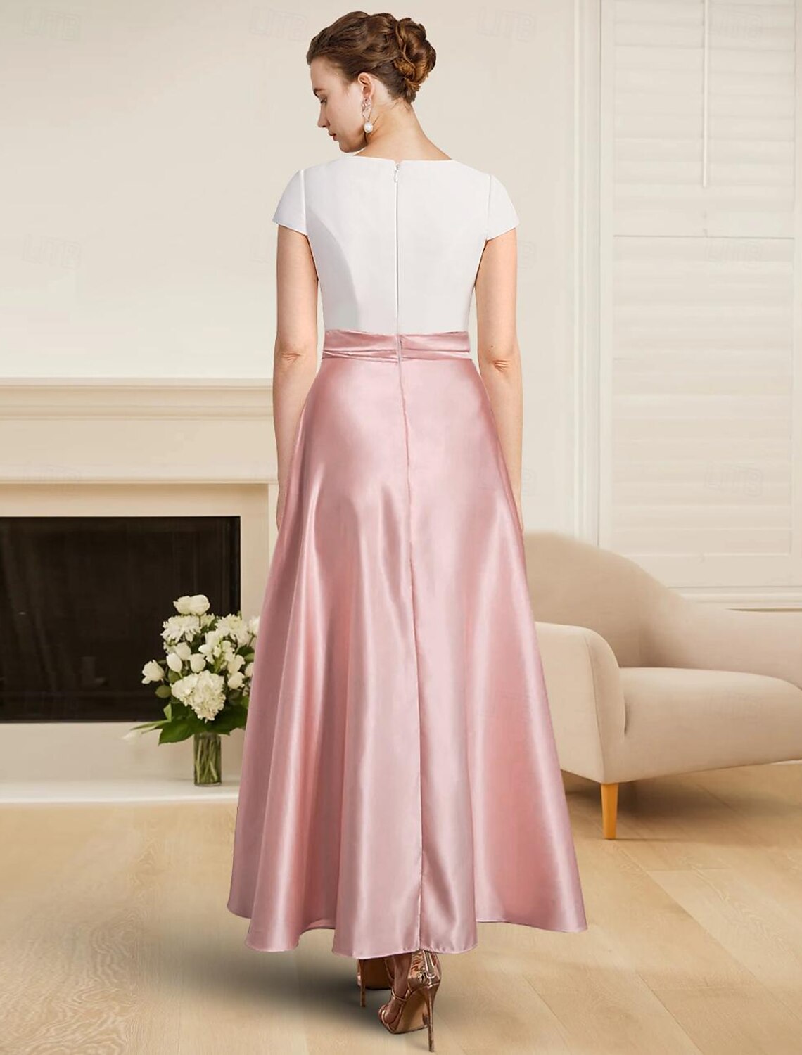 A-Line Mother of the Bride Dress Wedding Guest Elegant High Low Jewel Neck Tea Length Satin Short Sleeve with Sash / Ribbon