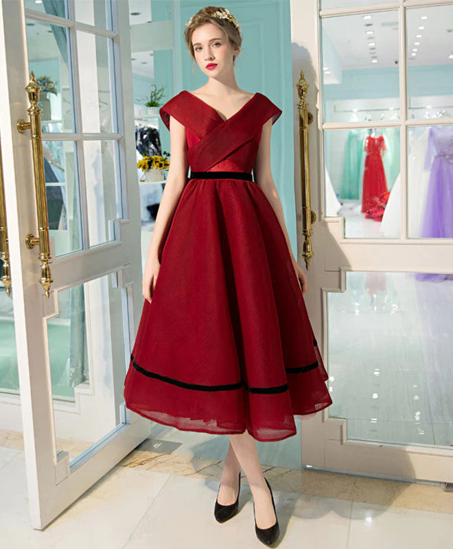 Burgundy V Neck Tea Length Prom Dress, Unique design Evening Dress